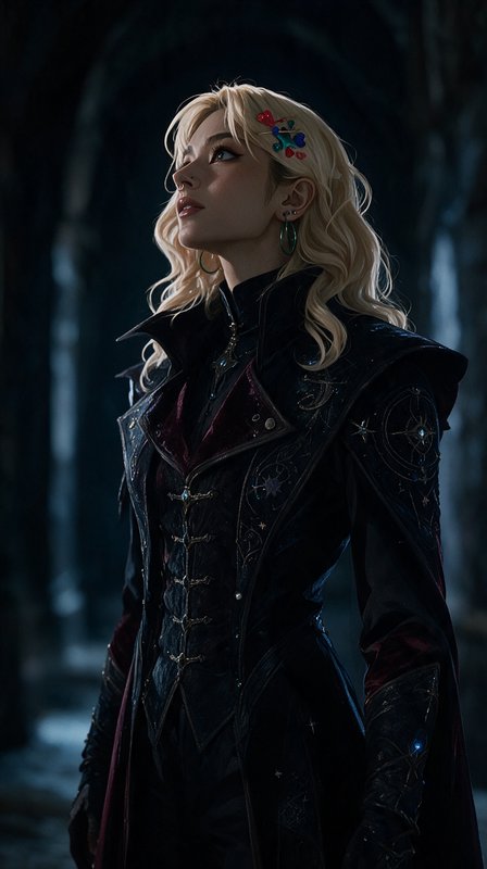 Blonde fantasy woman in ornate dark coat gazes upward standing in a dim gothic stone corridor