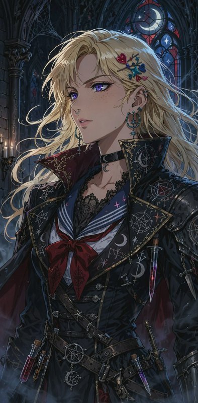 Anime portrait of a blonde purple-eyed occult fantasy character in gothic attire, set inside a mo...