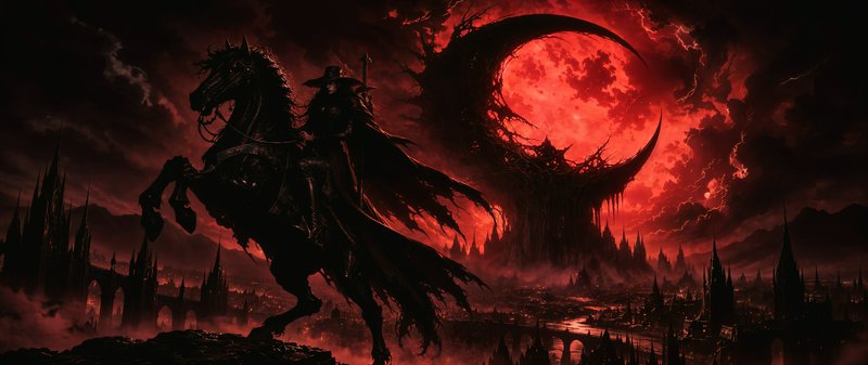 Silhouetted dark fantasy rider on rearing spectral horse, overlooking gothic city under ominous g...