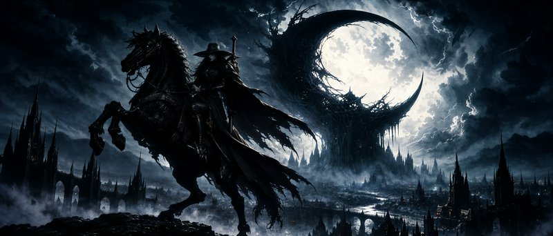 Cloaked dark fantasy rider on rearing black horse overlooks gothic city beneath a twisted crescen...