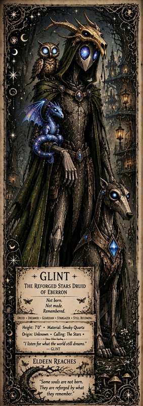 Ornate gothic fantasy character sheet for Glint the Reforged Stars Druid, with glowing magical fa...
