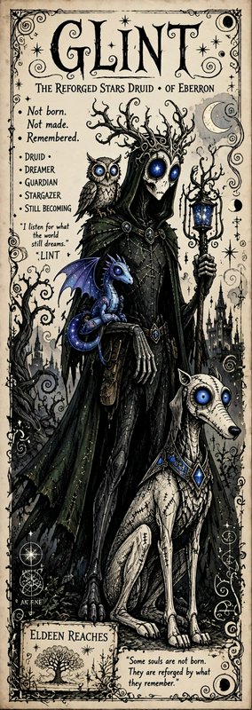 Illustrated dark fantasy character sheet for Glint, star druid of Eberron, with magical owl, drag...