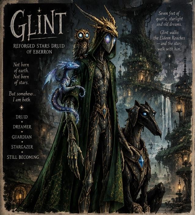 Illustration character sheet for Glint, Reforged Stars Druid of Eberron, with magical familiars a...