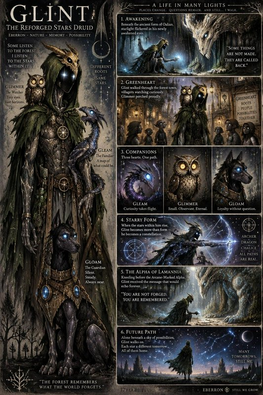 Fantasy TTRPG character sheet for Glint the Reforged Stars Druid, showing his design, familiars, ...