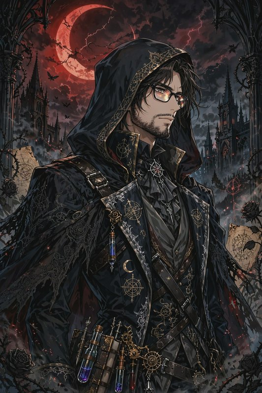 Stoic hooded gothic alchemist anime man with glasses stands under glowing red crescent moon, goth...
