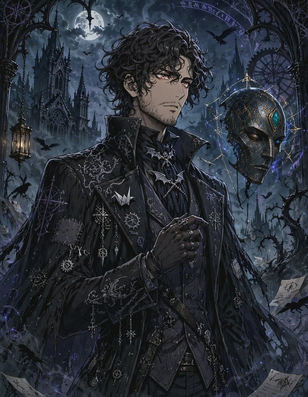 Dark fantasy anime gentleman in ornate gothic coat, floating arcane steampunk mask, misty full mo...