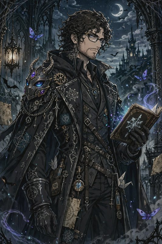 Anime gothic steampunk sorcerer holds a glowing arcane grimoire, standing in a misty castle ruin ...