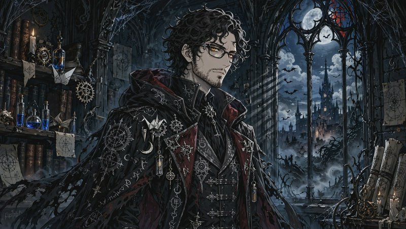 Anime gothic alchemist man with glasses stands in a moonlit cobweb-draped tower study overlooking...