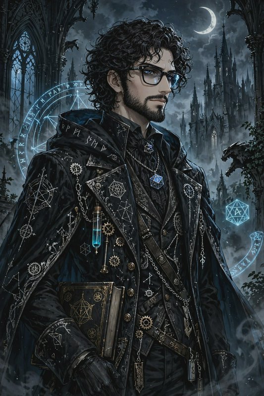 Anime style steampunk alchemist wizard with glasses, rune cloak, grimoire, glowing magic sigils, ...