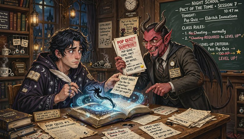 Flustered warlock student gets surprise pop quiz from grinning horned devil teacher at magical Pa...