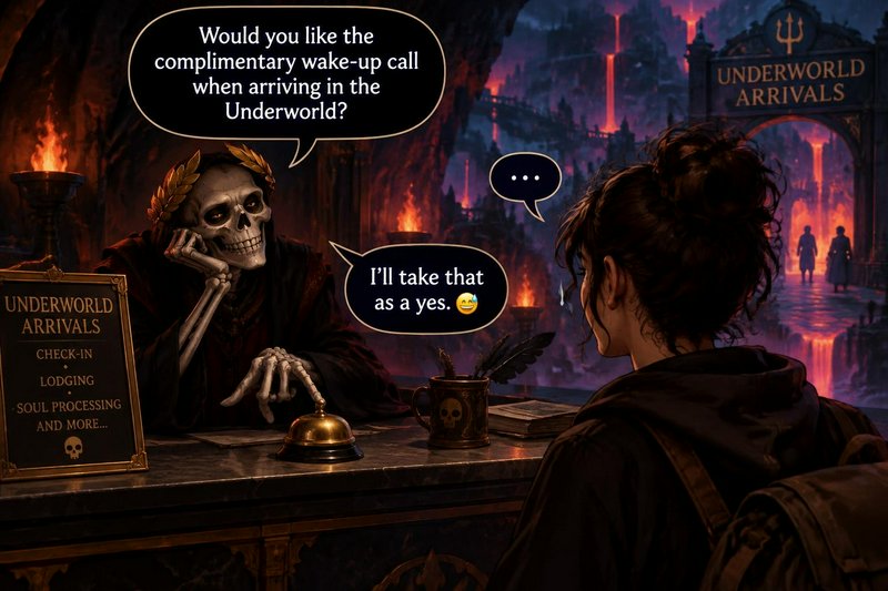 Humorous dark fantasy meme of skeleton underworld receptionist greeting a nervous new soul at a f...