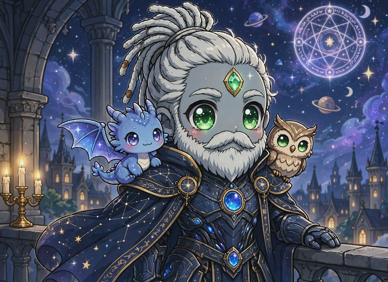 Chibi cosmic wizard with baby blue dragon and owl companions on a starry fantasy castle balcony