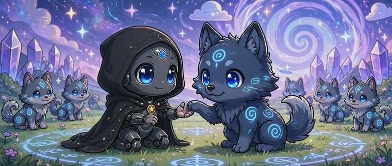 Cute chibi hooded robot mage fist bumps a glowing rune-wolf, surrounded by a wolf pack under a st...