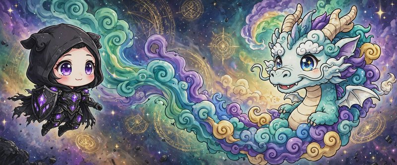 Chibi hooded armored fantasy knight faces a cute pastel cloud dragon in a swirling magical cosmic...