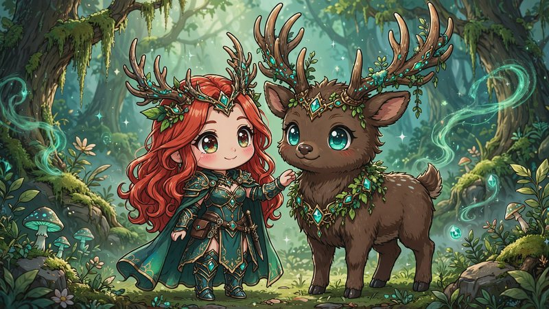 Chibi red-haired forest druid with antler crown stands beside a jeweled magical stag in a glowing...
