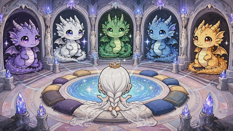 Chibi crowned queen sits before a glowing magic pool, facing five adorable colorful pastel dragon...