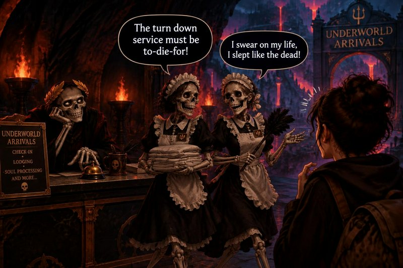 Whimsical dark fantasy art showing skeleton hotel staff greeting a surprised traveler at an under...