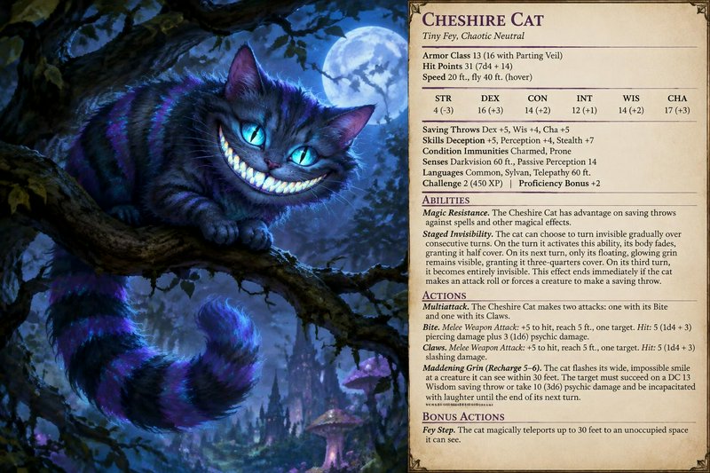 Grinning purple striped Cheshire Cat perched on a moonlit tree beside its D&D 5e creature stat block