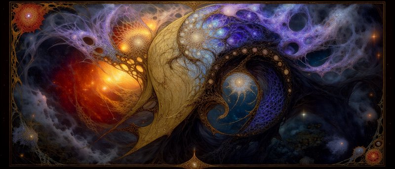 Ornate surreal cosmic fractal artwork featuring swirling nebula forms, glowing star clusters, gil...