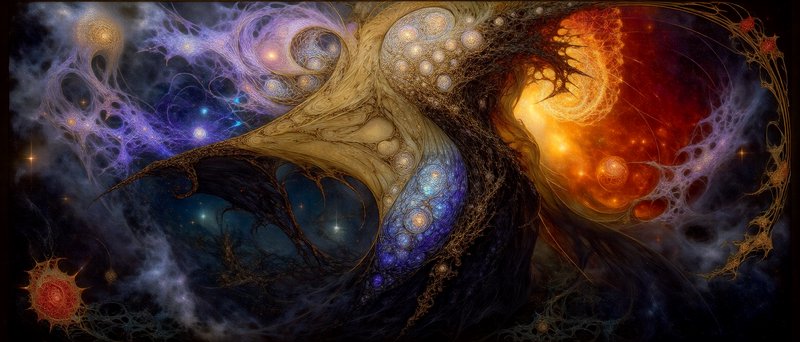 Intricate surreal cosmic artwork of a swirling organic world tree merged with glowing multicolore...