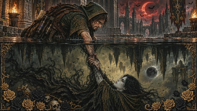 Hooded traveler reaches across castle floodwater to pull a ghostly spirit from a dark mirrored un...