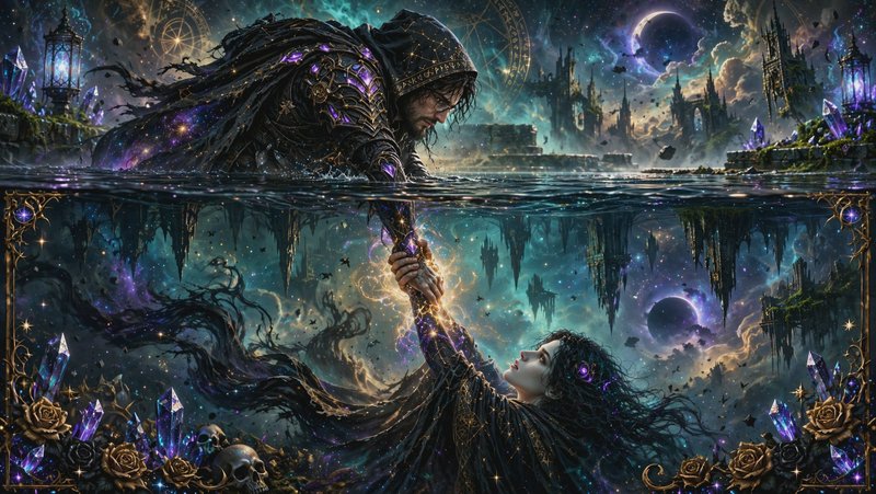 Hooded cosmic sorcerer reaches across the water to grasp a woman's hand from a magical underwater...
