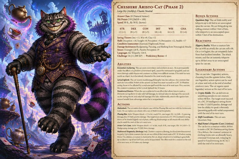 Grinning dapper Cheshire Aristo-Cat D&D homebrew stat block beside surreal Alice in Wonderland fa...