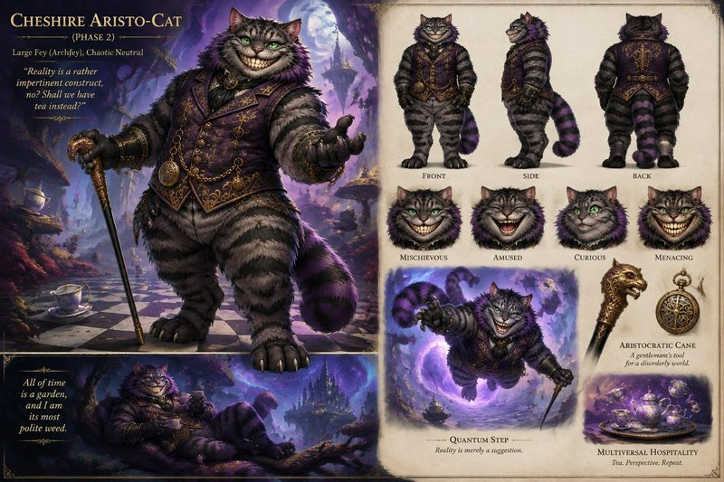 Fantasy TTRPG character reference sheet for the grinning aristocratic Cheshire Aristo-Cat fey cre...