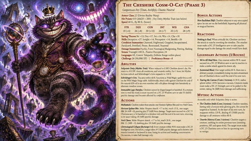 Phase 3 Cheshire Cosm-O-Cat D&D boss stat block next to surreal cosmic Cheshire Cat fantasy illus...