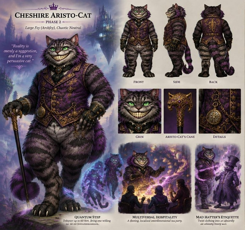 Character reference sheet for the grinning aristocratic Cheshire Aristo-Cat archfey fantasy creature