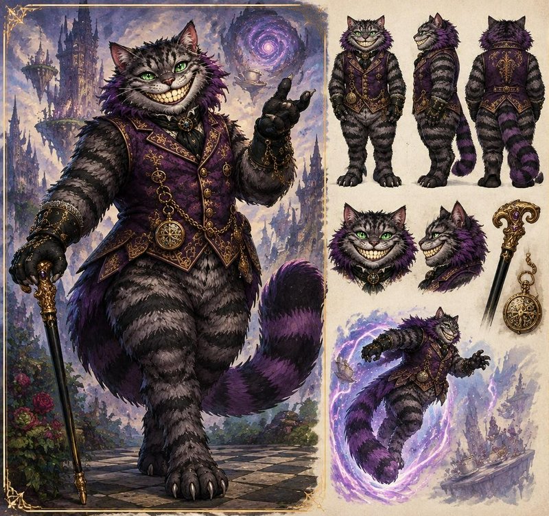 Anthropomorphic grinning Cheshire cat fantasy character reference sheet with turnaround views and...