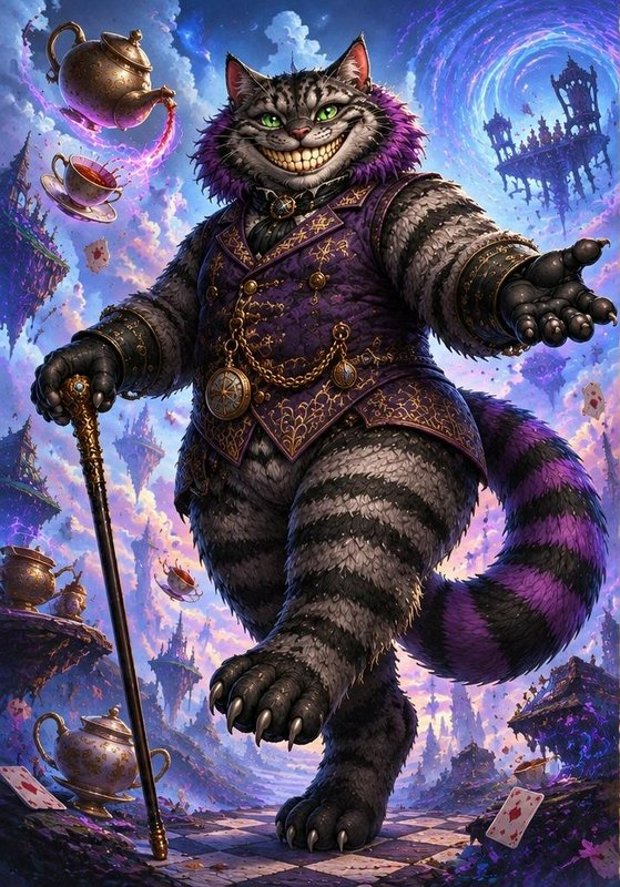 Grinning steampunk Cheshire Cat stands on a checkered board amid floating teapots and surreal won...