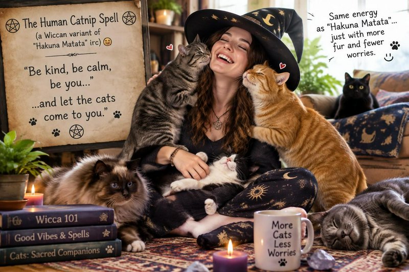 Joyful witch wearing a starry hat laughs surrounded by affectionate snuggling cats in a cozy cott...