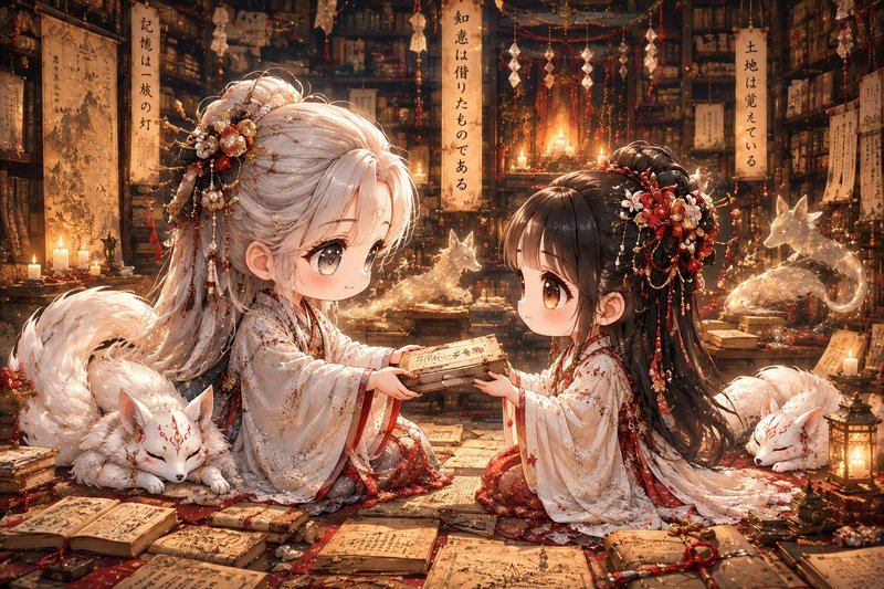 Chibi anime girls in traditional robes exchange an old book surrounded by spirit foxes in a candl...