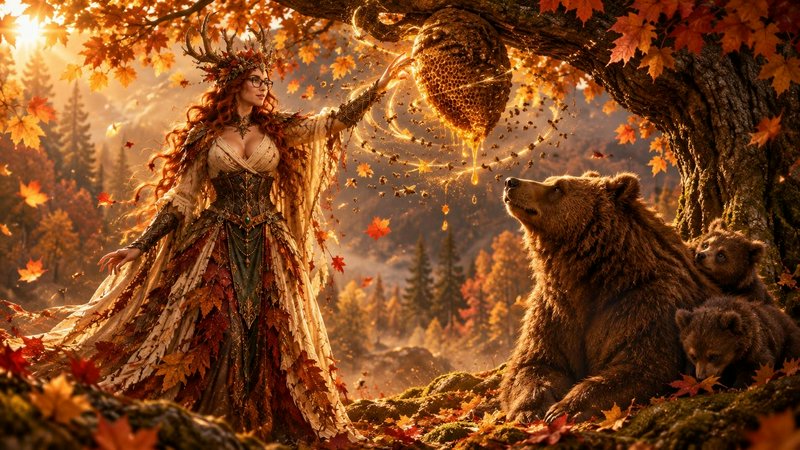 Horned autumn forest dryad touches a glowing magical beehive beside a brown bear and cubs in gold...
