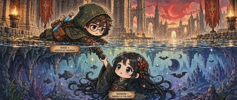 Chibi hooded wizard on a castle ledge reaches across water to hold hands with an underwater fanta...