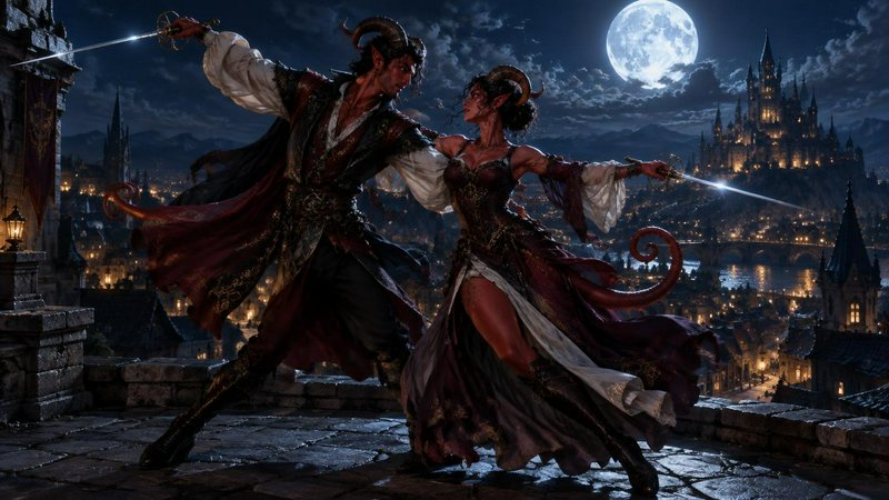 Tiefling duelists with rapiers pose in sync on a castle terrace overlooking a lit fantasy city un...