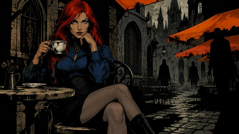 Red haired woman holding a teacup sits at a gothic street cafe as shadowy figures loom behind her