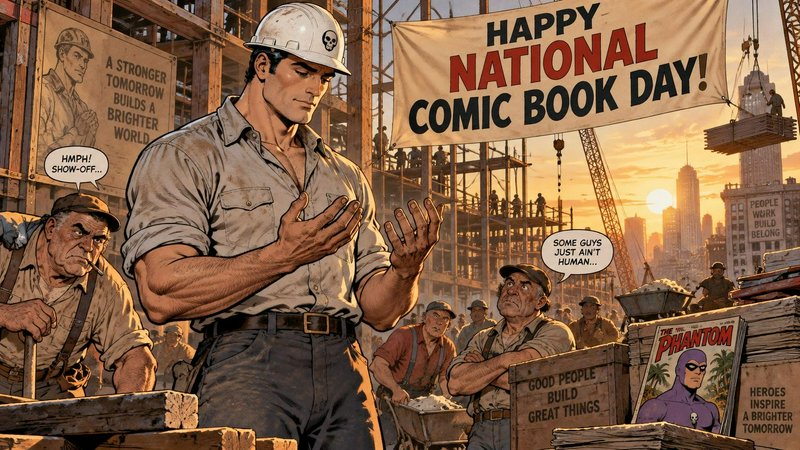 Muscular construction worker stands on a sunset construction site under a Happy National Comic Book Day banner
