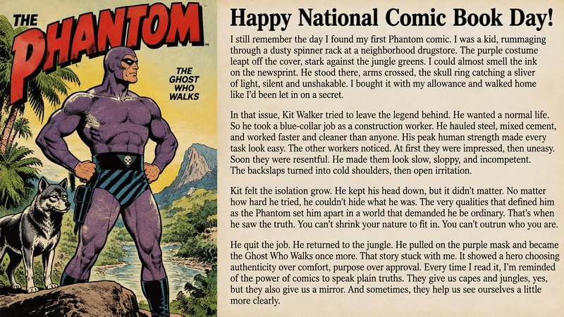 The Phantom superhero stands with his wolf companion next to a National Comic Book Day tribute essay