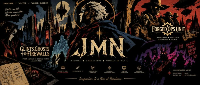 Dark illustrated worldbuilding banner for creator JMN showcasing fantasy, magitech and weird west...