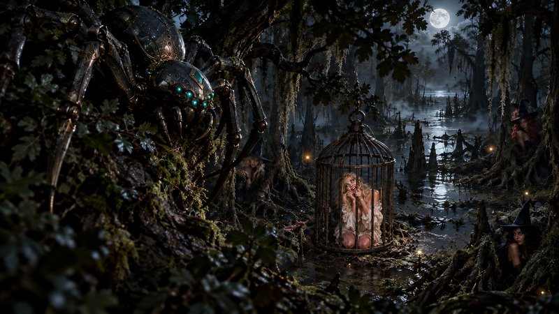 Ornate steampunk giant spider looms beside a caged woman watched by witches in a moonlit misty swamp