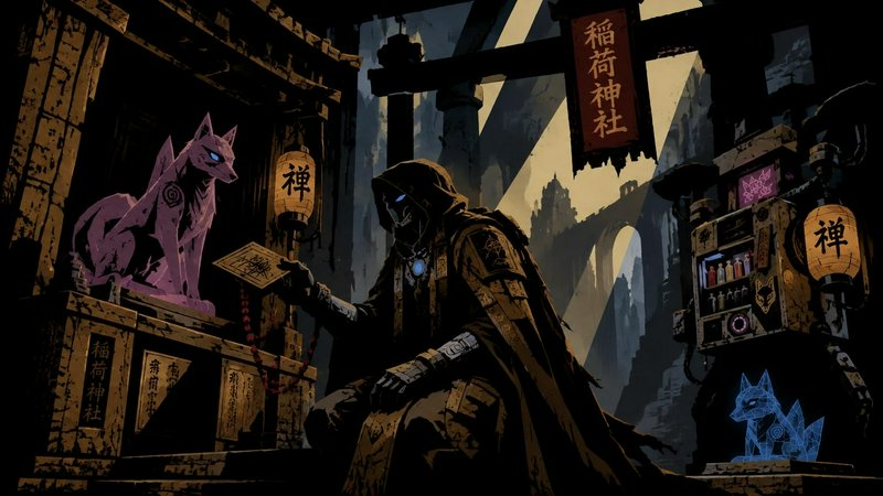 Hooded glowing-eyed wanderer offers a talisman to a purple kitsune statue at a decaying Inari shrine