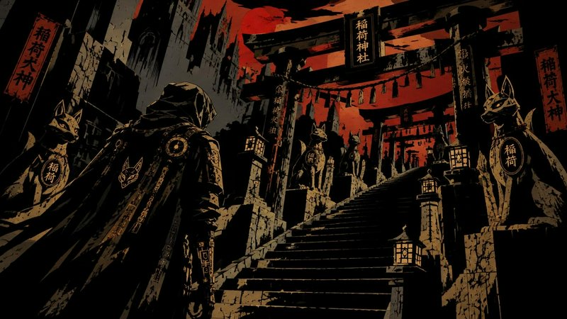Hooded armored wanderer stands at the base of an Inari shrine staircase flanked by stone fox guardians