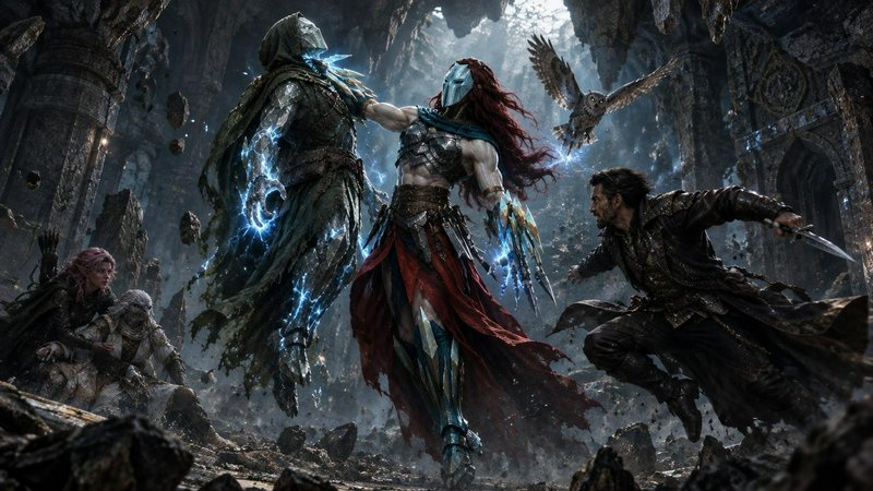 Masked red-haired warrior clashes with a glowing spectral foe during a dungeon battle with a fantasy adventuring party