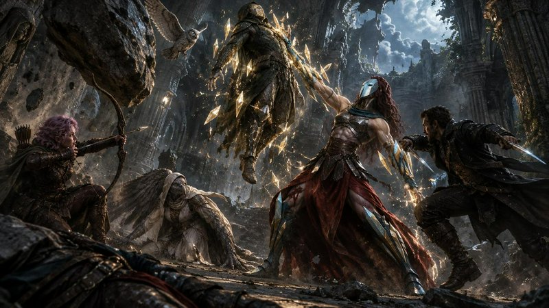 Fantasy adventurer party battles a floating glowing armored foe inside a crumbling ancient stone temple