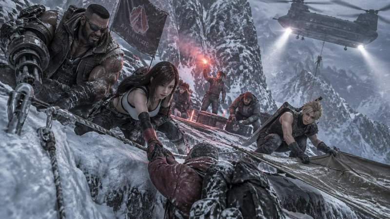 Final Fantasy VII Avalanche team climbs a steep icy mountain while a transport helicopter hovers overhead