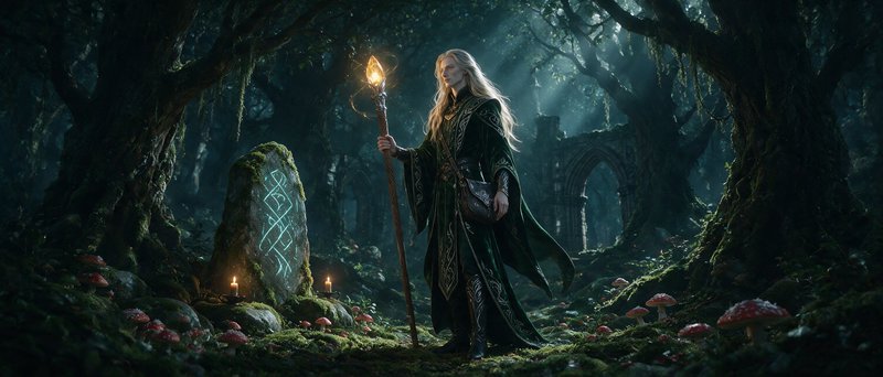 Elven mage holding a glowing staff stands beside a runestone in a misty enchanted old forest