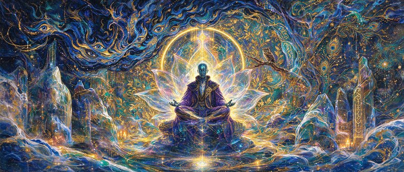 Ethereal cosmic master meditates in lotus pose framed by a glowing golden halo and mystical celes...