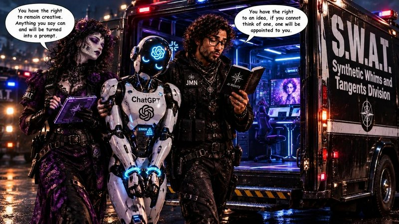 Satirical illustration shows tactical officers detaining a glowing ChatGPT robot next to a futuri...